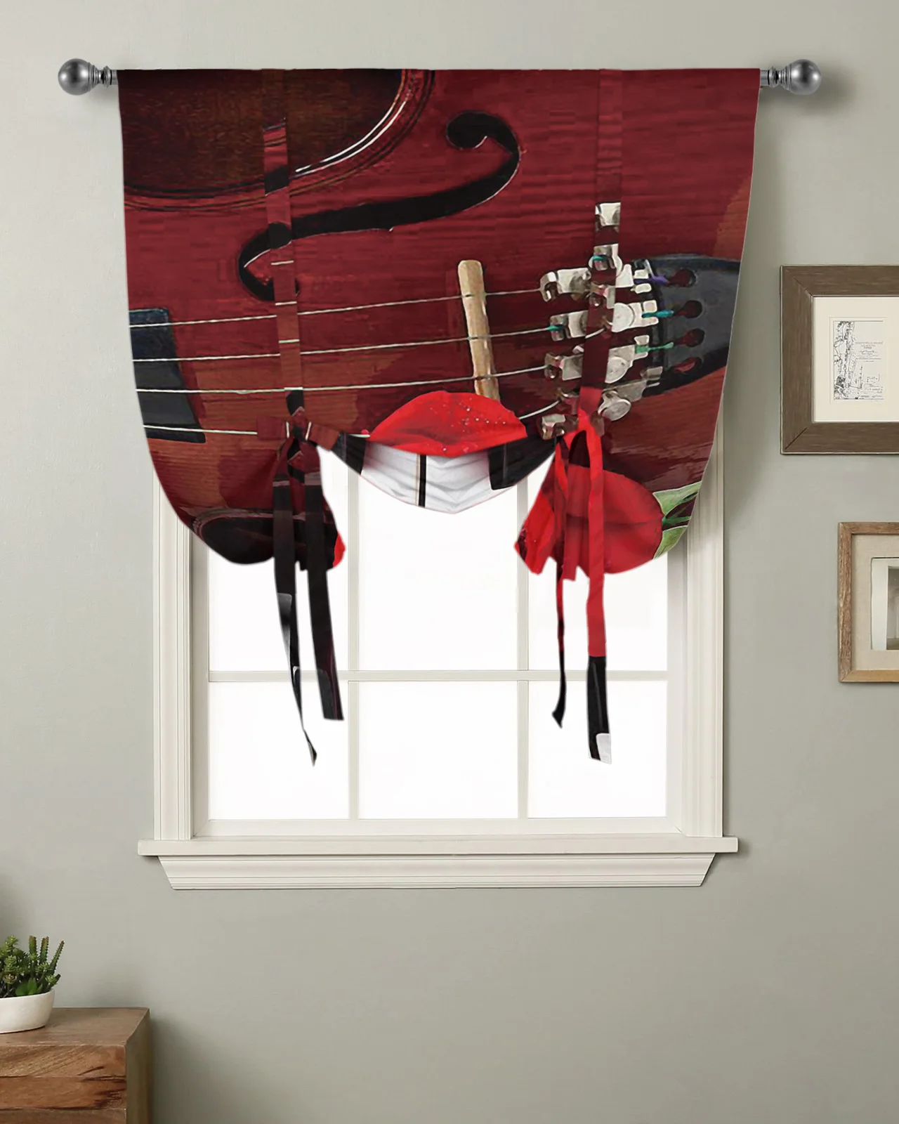 Violin Red Roses Piano Flower Kitchen Short Window Curtain Rod Pocket Curtains Home Decor Small Window Roman Tie Up Curtains