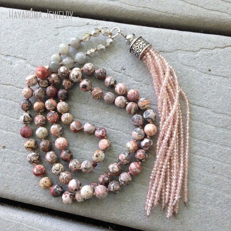 5pcs Leopard Agate Bead Pink Crystal Tassel Necklace Earthy Natural Stone Jasper Artisan Bohemian Jewelry