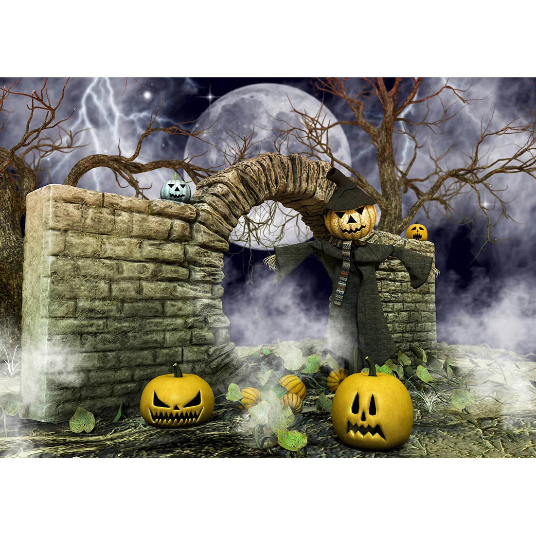 Halloween Backdrop Horror Moon Night Scary Cemetery Pumpkin Lantern Photography Background for Kids Family Party Birthday Banner