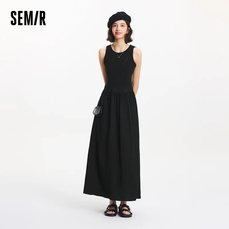 Semir Dress Women High Waist Patchwork Tank Dress Versatile 2025 New Summer Round Neck Long Dress Commute Chic for Trendy Style