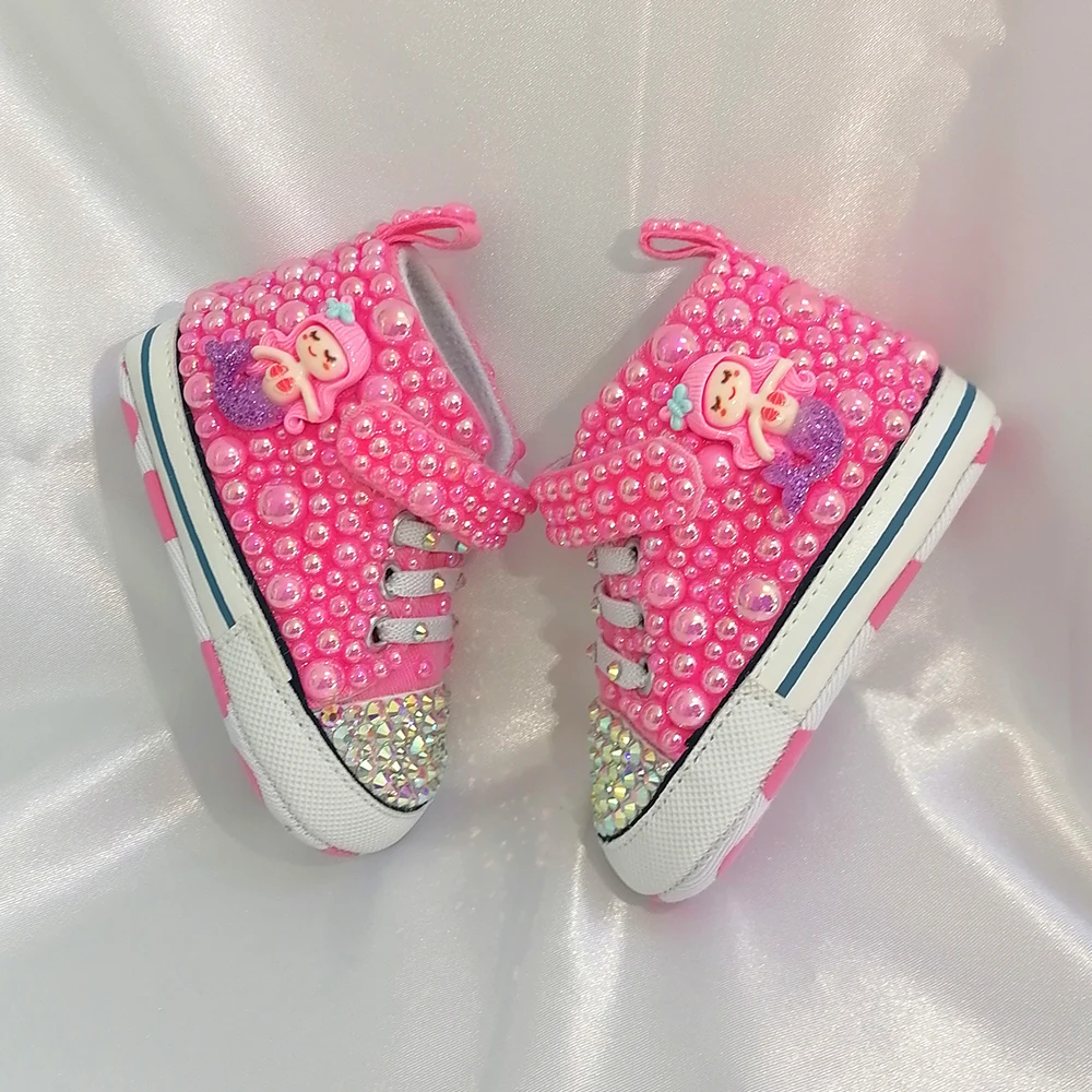 Handmade Bow Pearl Rhinestones Baby Girls Shoes Hairband First Walker Sparkle Christmas Mermaid Crystals Princess Shoes Shower