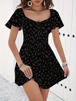 Vestido corto de gasa con estampado Floral para mujer, de manga corta plisado abullonada minivestido, informal, Verano