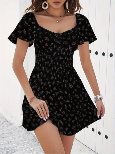 Vestido corto de gasa con estampado Floral para mujer, de manga corta plisado abullonada minivestido, informal, Verano