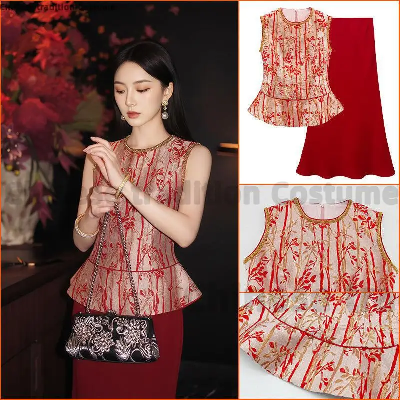 

New Chinese Style Jacquard Gold Foil Suit 2 Pcs Round Neck Vest &red Skirt Vintage Improved Ceremony Banquet Costume