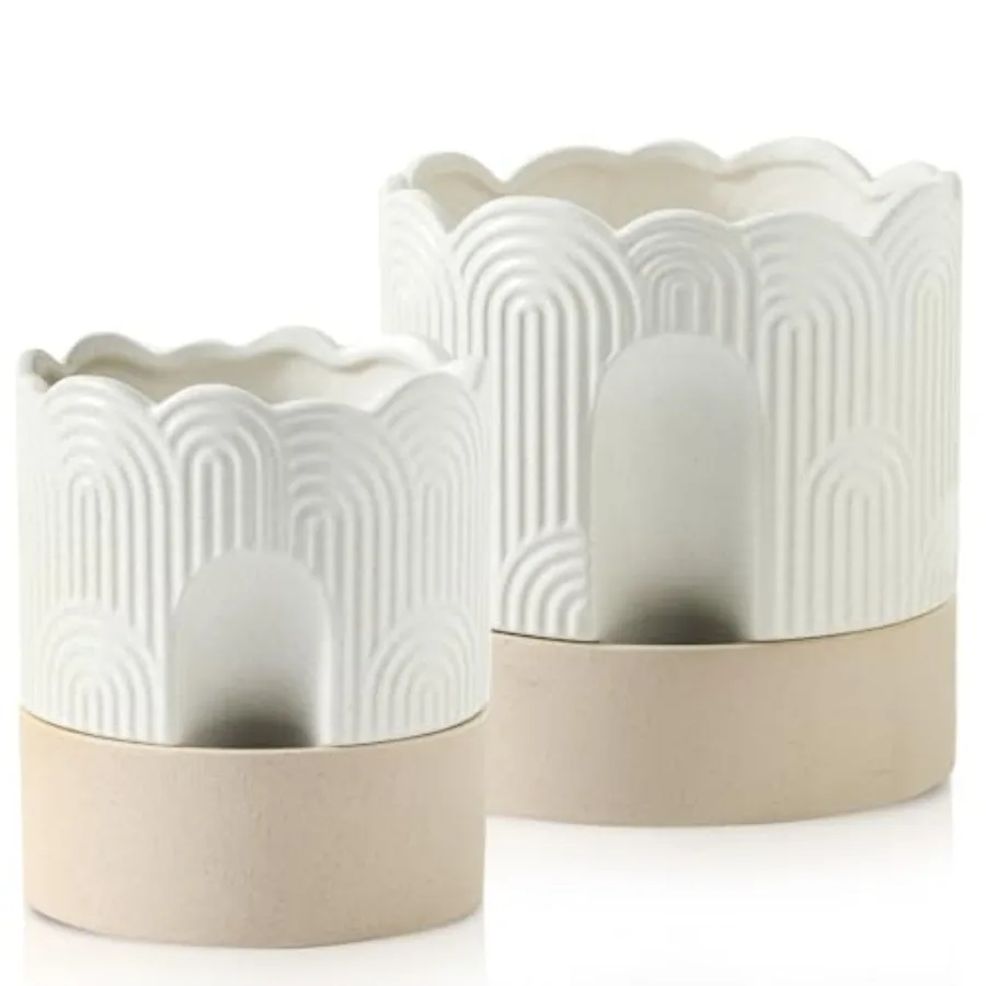 

Кашпо с автополивом для комнатных растений: керамический горшок 6 и 8 дюймов с дренажным отверстием и резервуаром для воды - рельефный дизайн, бежевый