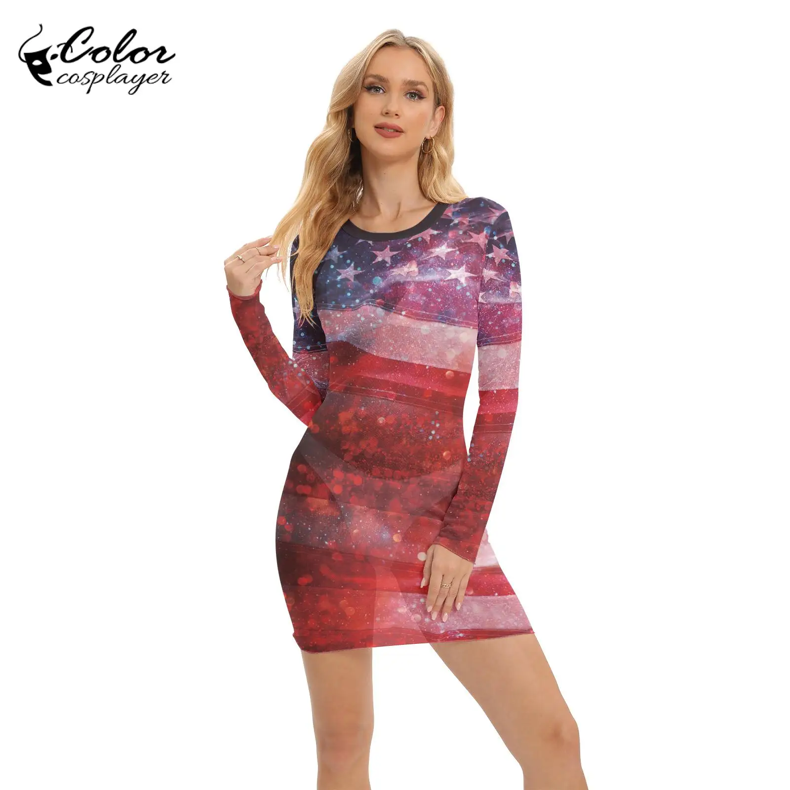 Farbe Cosplayer Unabhängigkeit stag Mini kleid Frauen Mesh sichtbar verkleiden Karneval Party Flagge Muster 3D-Druck Cosplay Kostüm