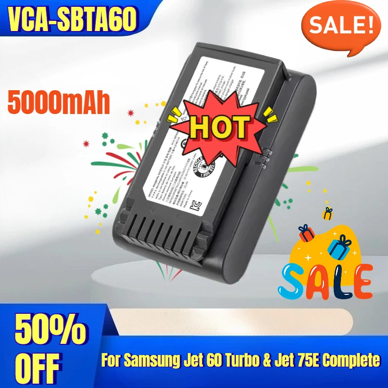 5000mAh High-Performance VCA-SBTA60 Vacuum Cleaner Battery: Fully Compatible with Jet 60 Turbo & Jet 75E Complete for Samsung