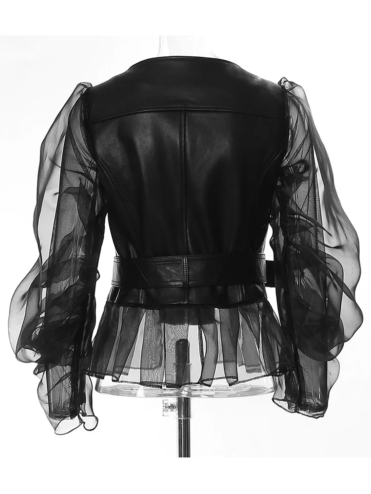   STUDIO Street Sle Me Blouson Biker Femme Noir en Cuir avec Patchwork de Dentelle, Manches Bouffantes et Taille Cintrée