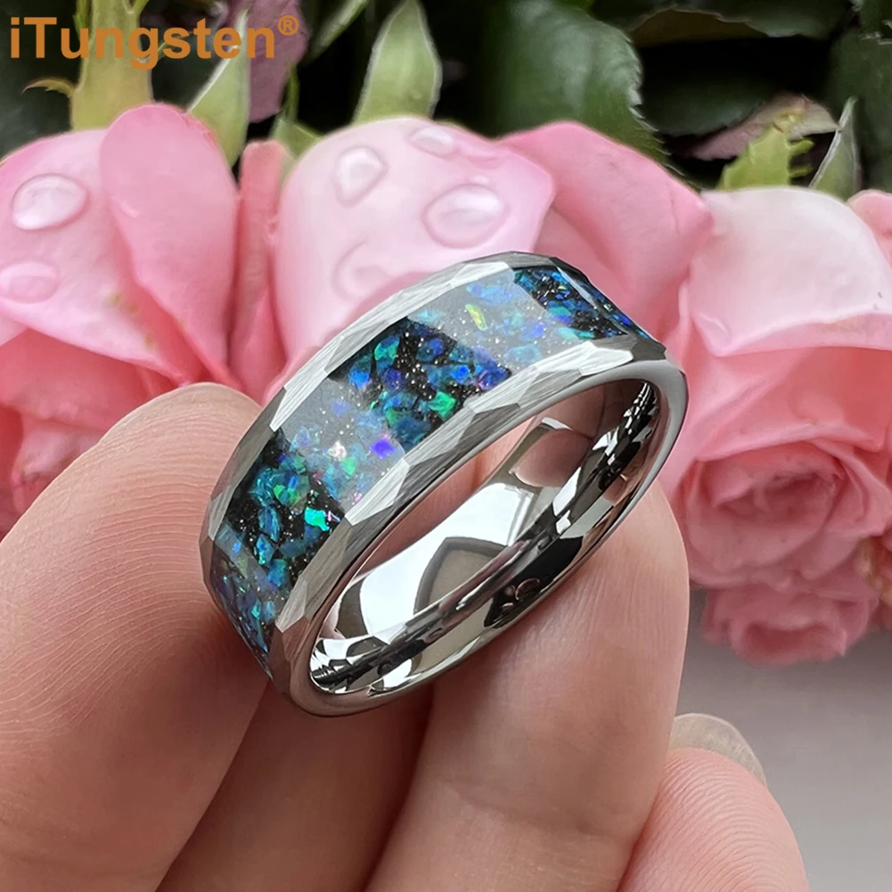 iTungsten 6mm 8mm Galaxy Series Opal Ring Multi Facet Hammered Tungsten Wedding Band For Men Women Amazing Jewelry Comfort Fit