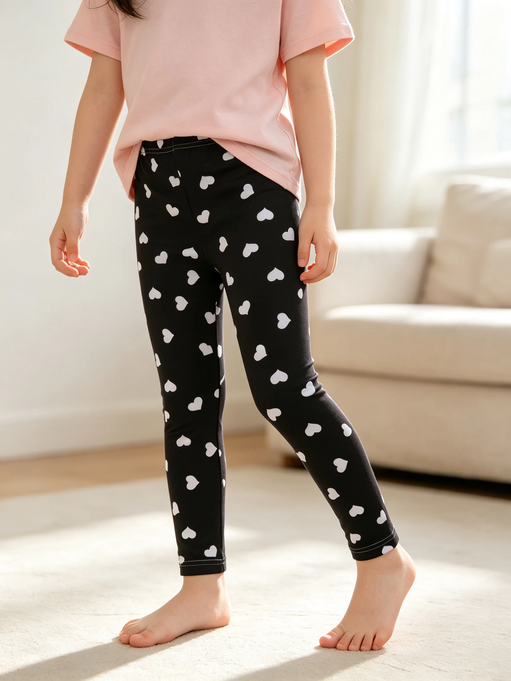 2 Paar Frühlings- und Sommer-Leggings für Mädchen, einfarbig, mit Herz-Aufdruck, weiche Stretch-Knöchelhose für Kinder, lässige Alltagskleidung, Kinderhose – Detail 6