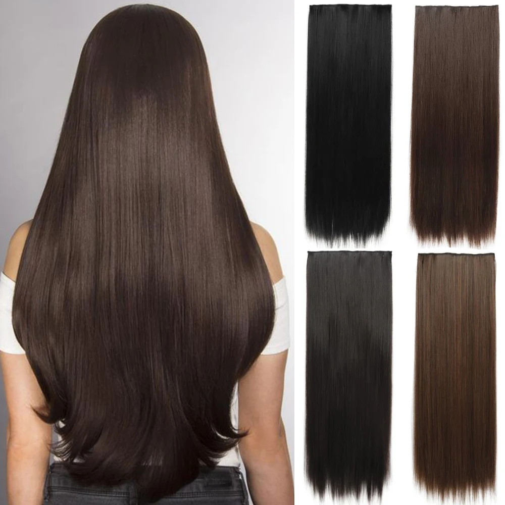 One piece 5 Clips Hair Extensions 22 32inch Synthetic Long Straight High Temperature Fiber Black Brown Blonde Hairpiece