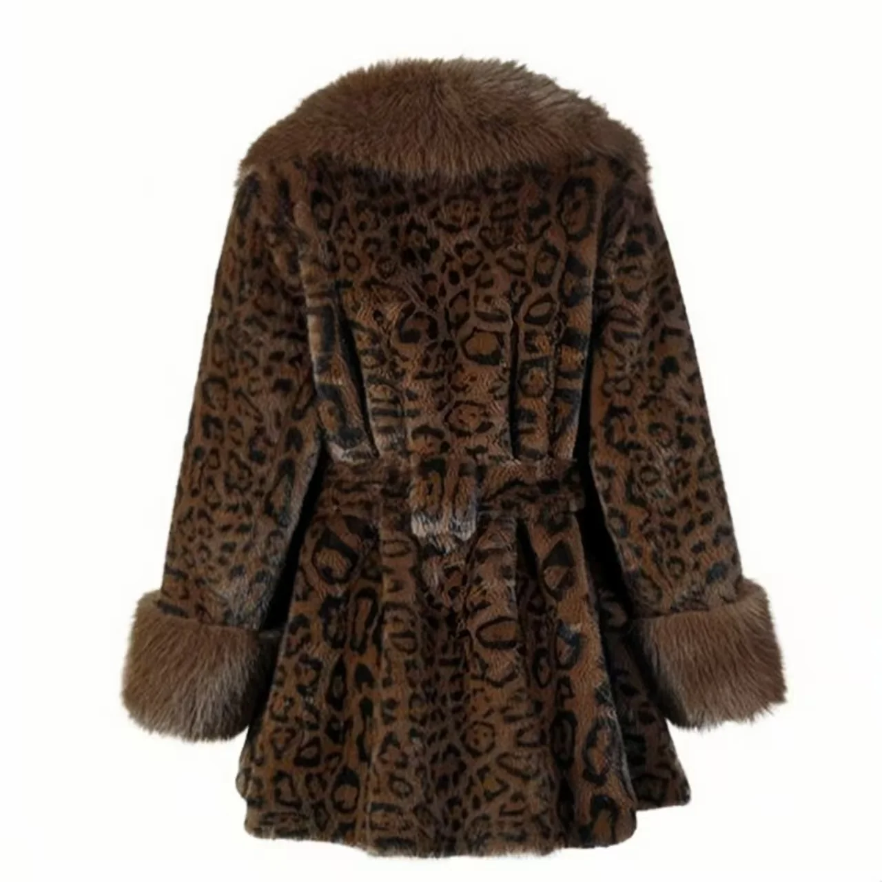 Leopard Print Fur Coat Female Adjustable Waist Mid-Length Jacket Autumn Winter Fashionable Clothes with Fur Collar