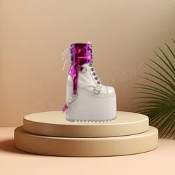 White Pink Wedges Heel Boots Lace up High Heels Platform Round Toe High Heel Shoes for Women High Heel 2024 Zapatillas Mujer