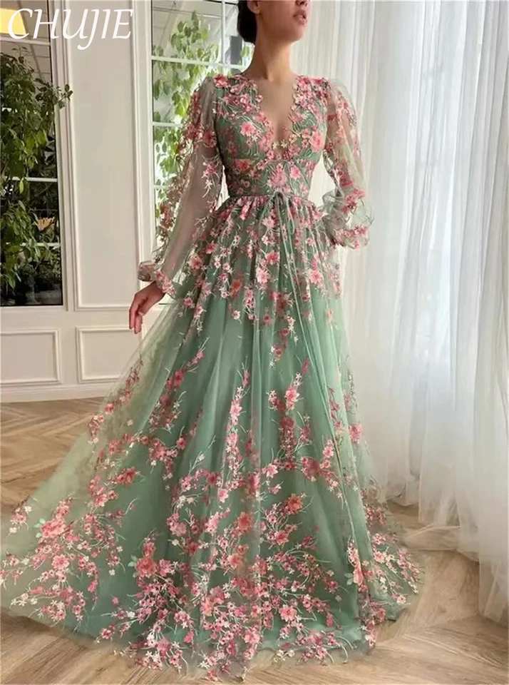 birthday dresses long sleeve A-Line Prom Dresses Maxi Dress Sweet 16 Birthday Floor Length Long Sleeve  Scoop Neck Tulle with Appliques fg4061 main image 1