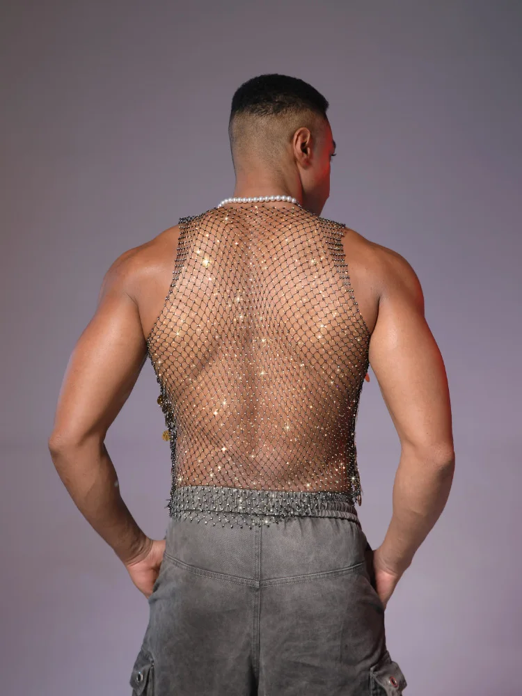Sexy Sequin Rhinestone Tank Tops Summer European and American Fashion Men Stage Performance Shiny Mesh Hollow Out Vest