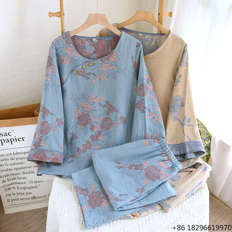 Women's Spring Autumn Yarn-Dyed Jacquard Pajamas Set Round-Neck Pullover Elastic Waist Loose-Fitting wear