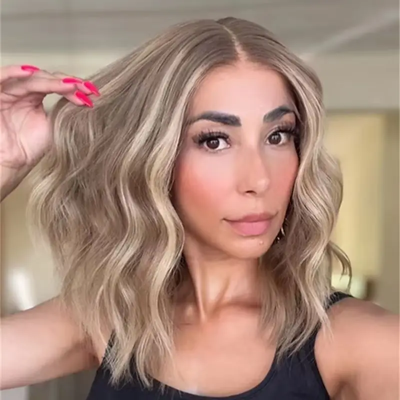 13x4 Ombre Light Brown Blonde Synthetic HD Lace Front Wig with Roots Preplucked Hairline Heat Resistant Fiber Wig Short Wave Bob