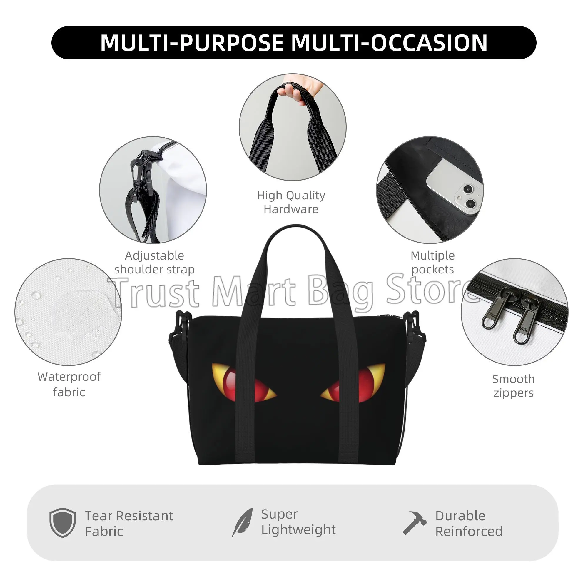 Halloween Black Cat Eyes Print Travel Duffle Bag for Women Men Weekender Overnight Handbag for Girls Boys Sports Gym Tote Bags