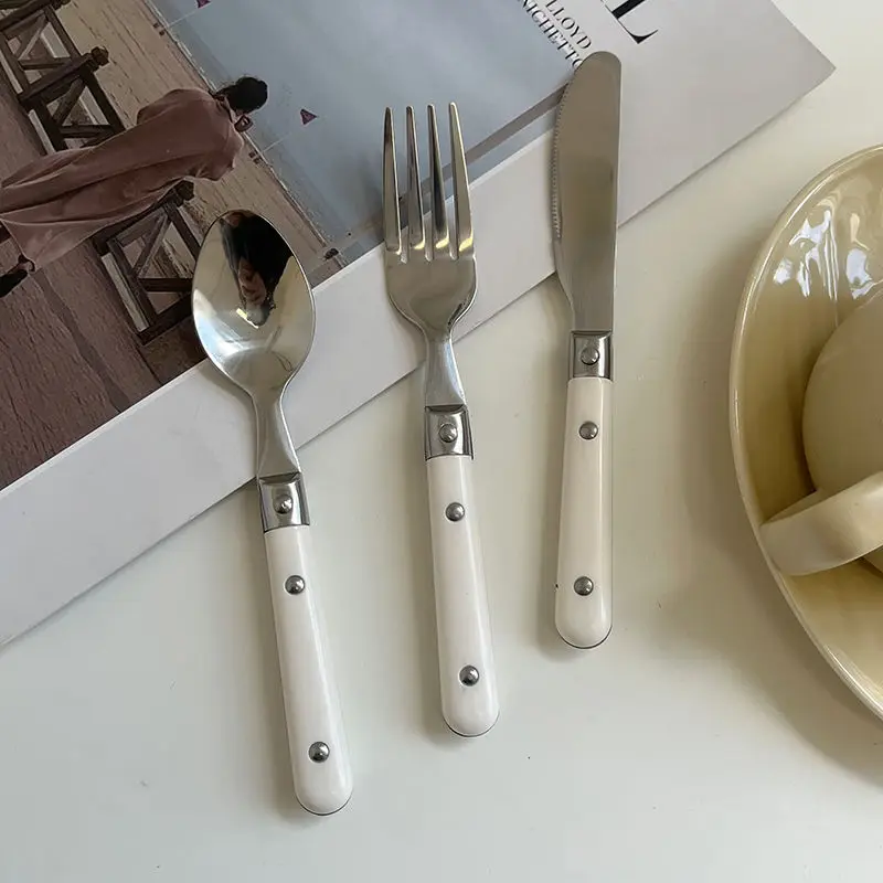 3 Pieces Tableware Dessert Steak Stainless Steel Knife Fork Spoon Plastics Handle Sets Home Accessories Dinner Bar White