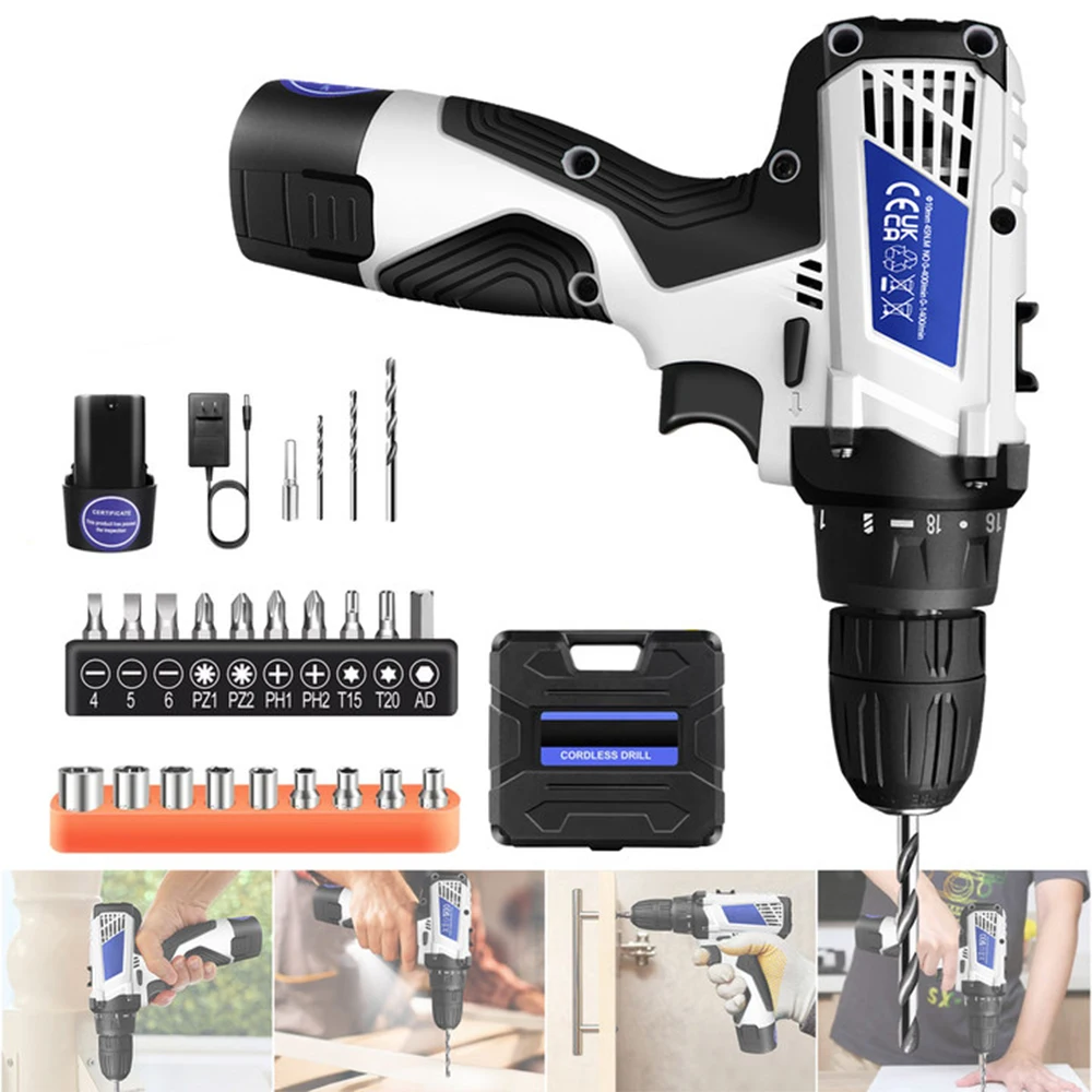 Kit de perceuse-visseuse sans fil avec batterie, kit d'outils de visseuse électrique 2 en 1, 45 N.m, double vitesse 1400 tr/min