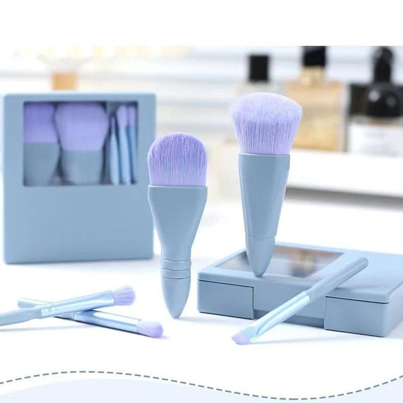 5 فرش مكياج محمولة، صغيرة مع مرآة، فرشاة ظلال عيون متعددة الوظائف، فرشاة بودرة، فرشاة مكياج كريم الأساس