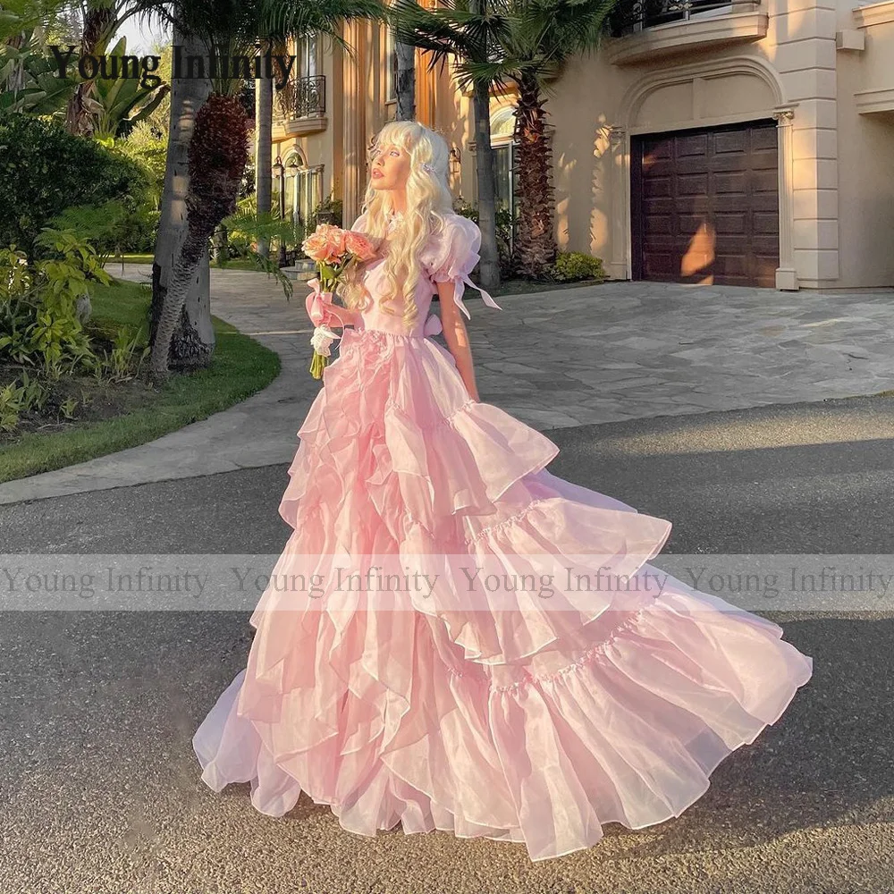 Lovely Pink Organza Prom Dress 2024 Long Evening Party Gown Sweetheart Short Puffy Sleeves Layers Woman Cosplay Princess Gala