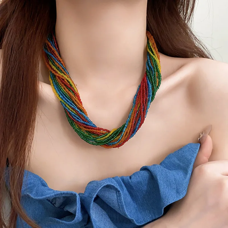 Fashionable multi-layer rice bead necklace niche creative versatile clavicle chain