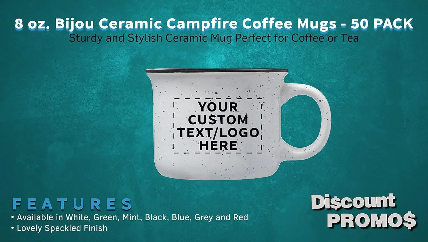 50 Bijou Ceramic Campfire Coffee Mugs Set, 8 oz. - Customizable Text, Logo - Ceramic, Speckled, Sturdy, C-handle - White
