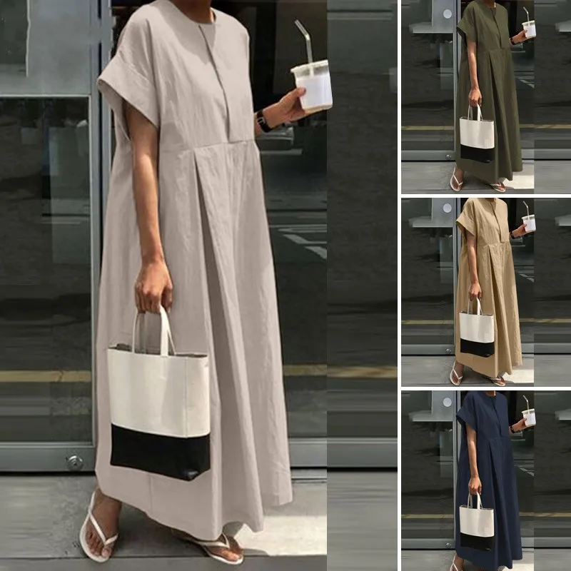 

2025 Summer Fashion New Cotton and Hemp Women's Dress Loose Solid Color Folded Half Sleeves Elegant Retro Robe