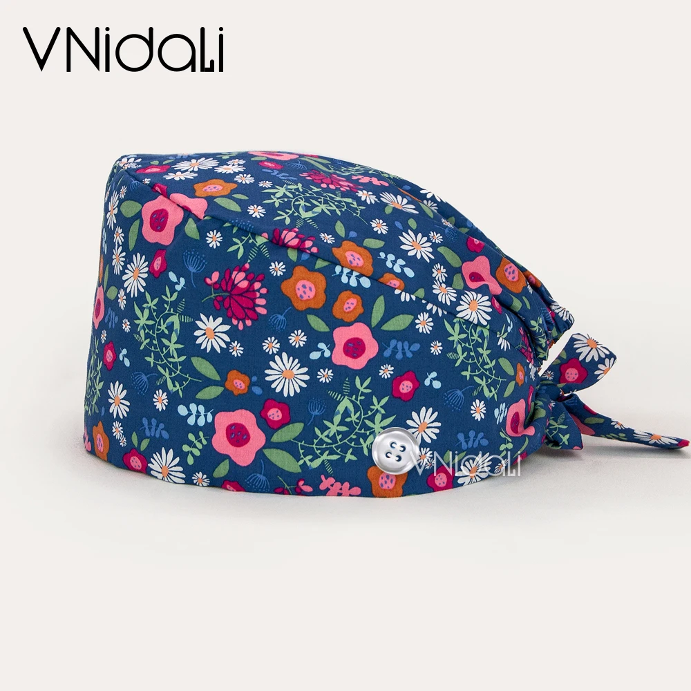 

wholesale Flower printing With buttons cap lab pet shop surgicals hat scrub cap nursing hats women nurse accessories scrub hat