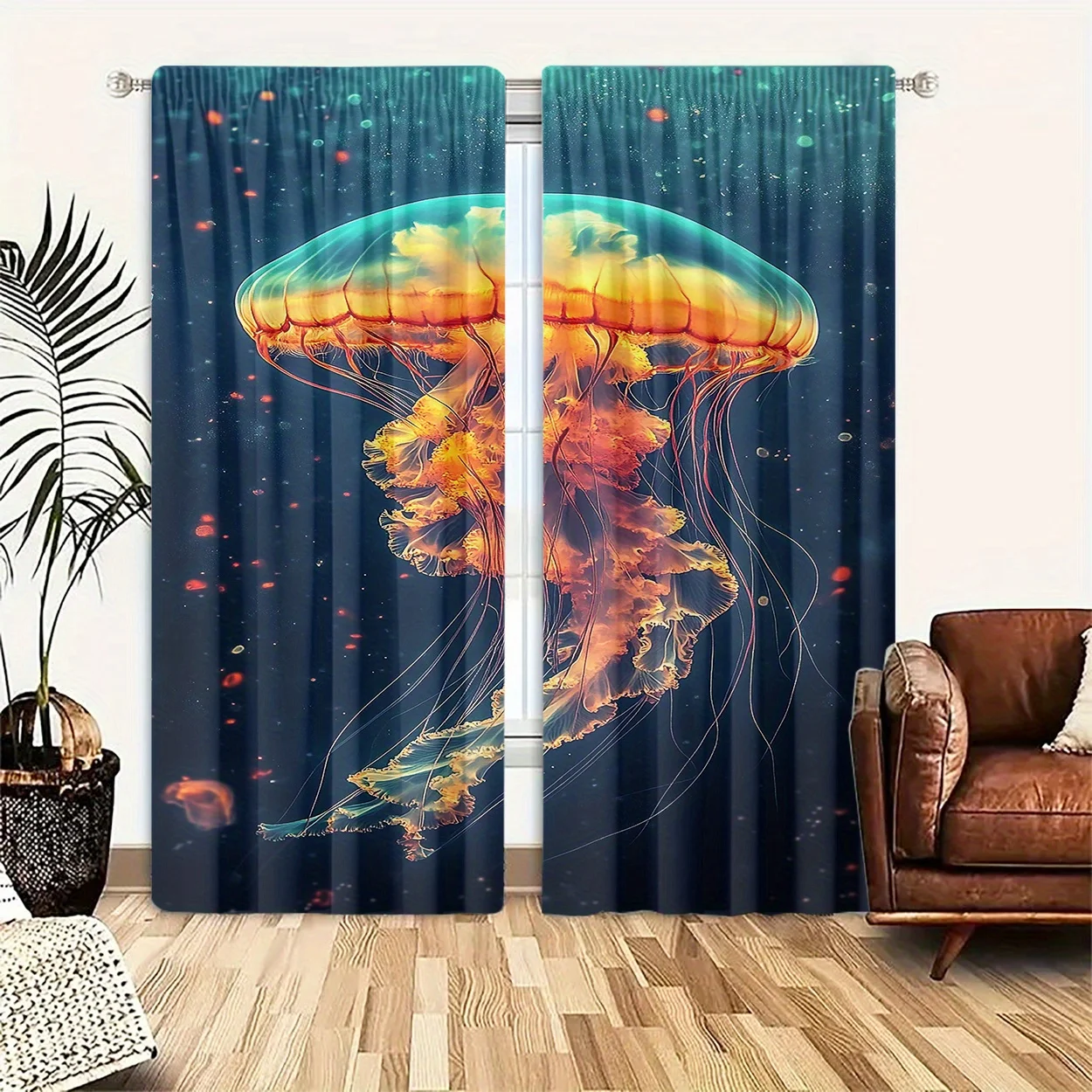 Aesthetic Blue Jellyfish Ocean Curtains Waterproof Living Room Window Curtain Home Decoration Deep Sea Tropical Art Panel Shade