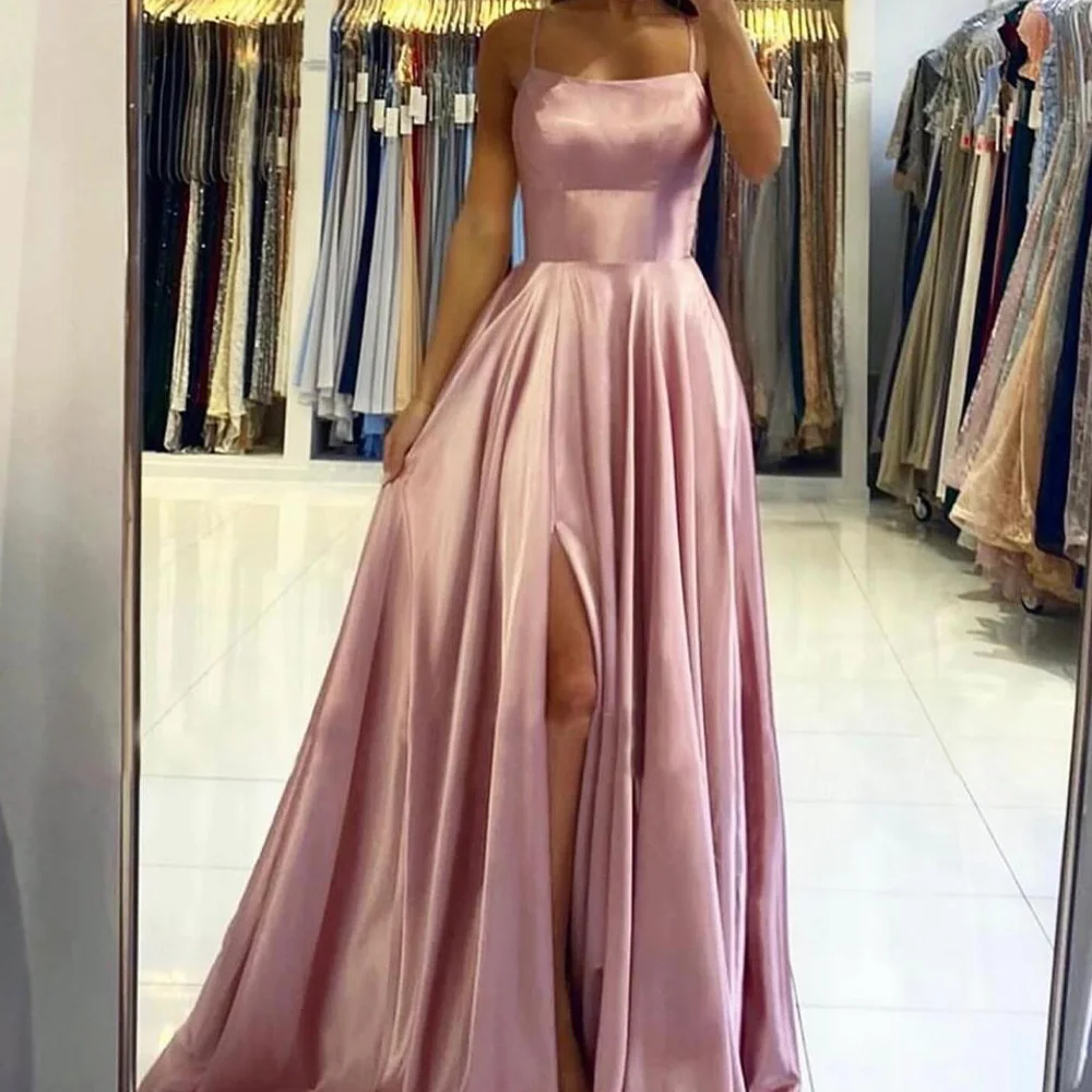 

Lace Up Back Criss-Cross Sweep Train Sleeveless Satin Spaghetti Straps Boat Neck Floor Length Front Slit A-Line Sexy Party Dress