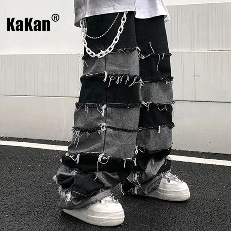 Kakan - American New High Street Antique Tassel Jeans for Men, Dropped Wide Leg Hip Hop Lazy Long Pants K27-56