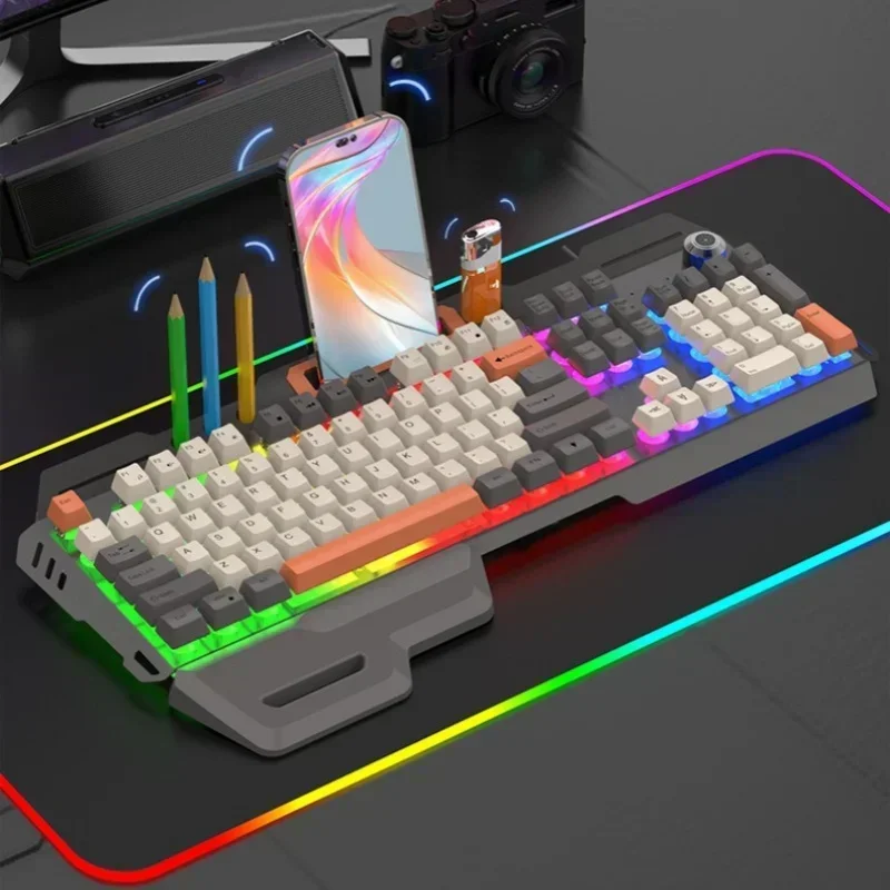 Wired Gaming Keyboard RGB Backlight 104 Keys USB Keyboard Mechanical Feel Keypad Volume Knob Game PC Computer Laptop Accessories