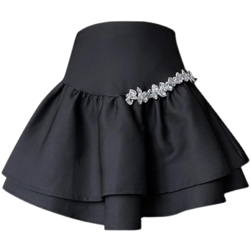 Summer New Design A-Line Half Skirt Women\'s Diamond Embellished Princess Short Skirt Age-Defying Bodycon Trendy Short Skirt