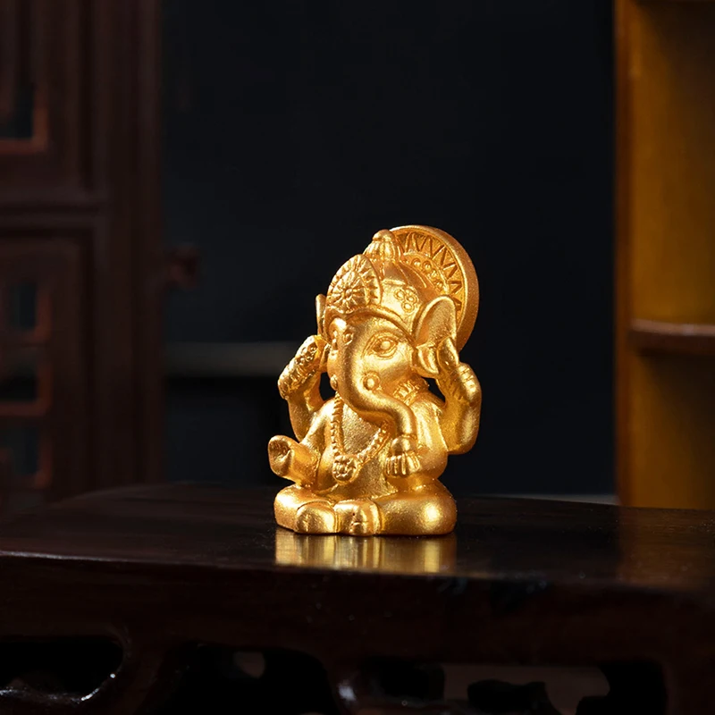 2Pcs Mini Ganesha Buddha Statue Gold Elephant Miniture Figurines Home Decor Desktop Ornament