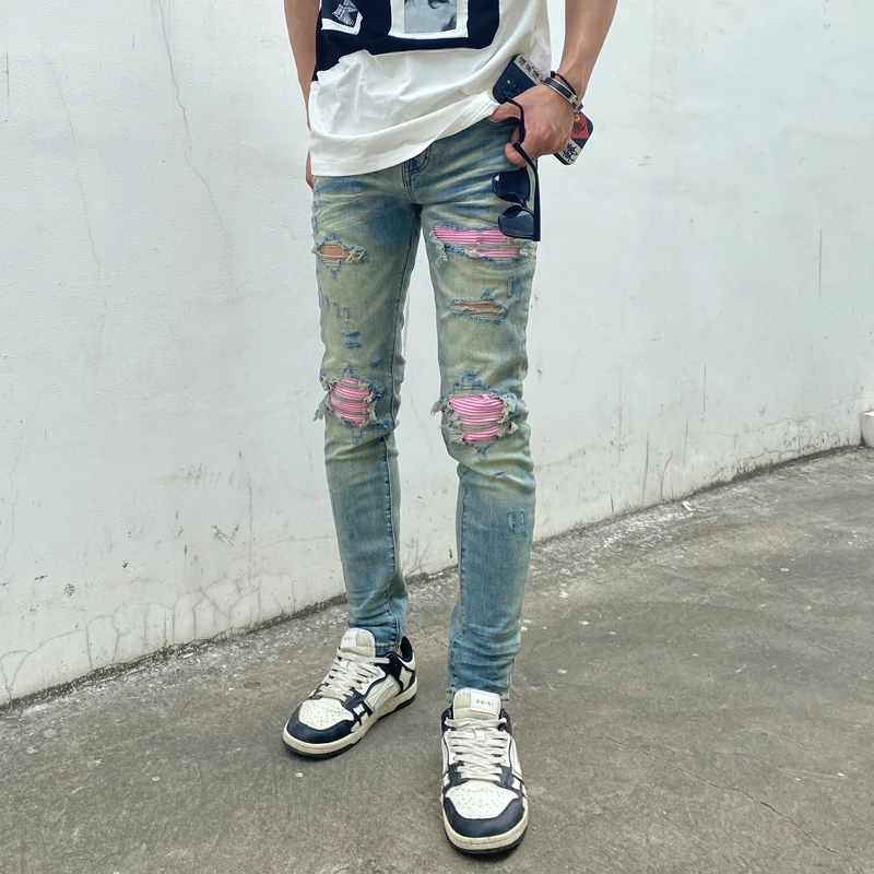 

Hombredesigner high street fashion light blue jeans stretch slim fit washed jeans red patch hip-hop brand pants Hombre
