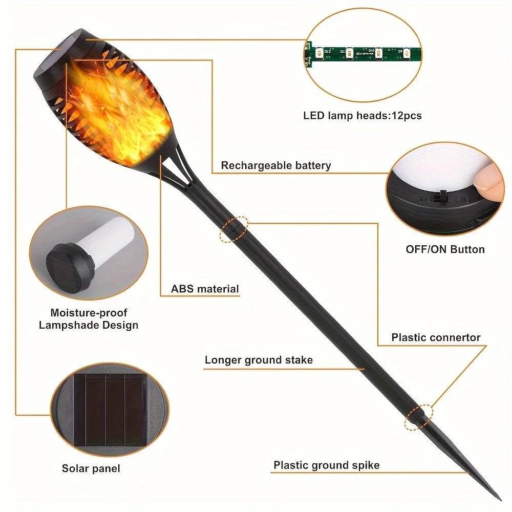 Tochas ao ar livre movidas a energia solar com chama cintilante, LED Pathway Lights, Garden Decor, Outside Yard Decor