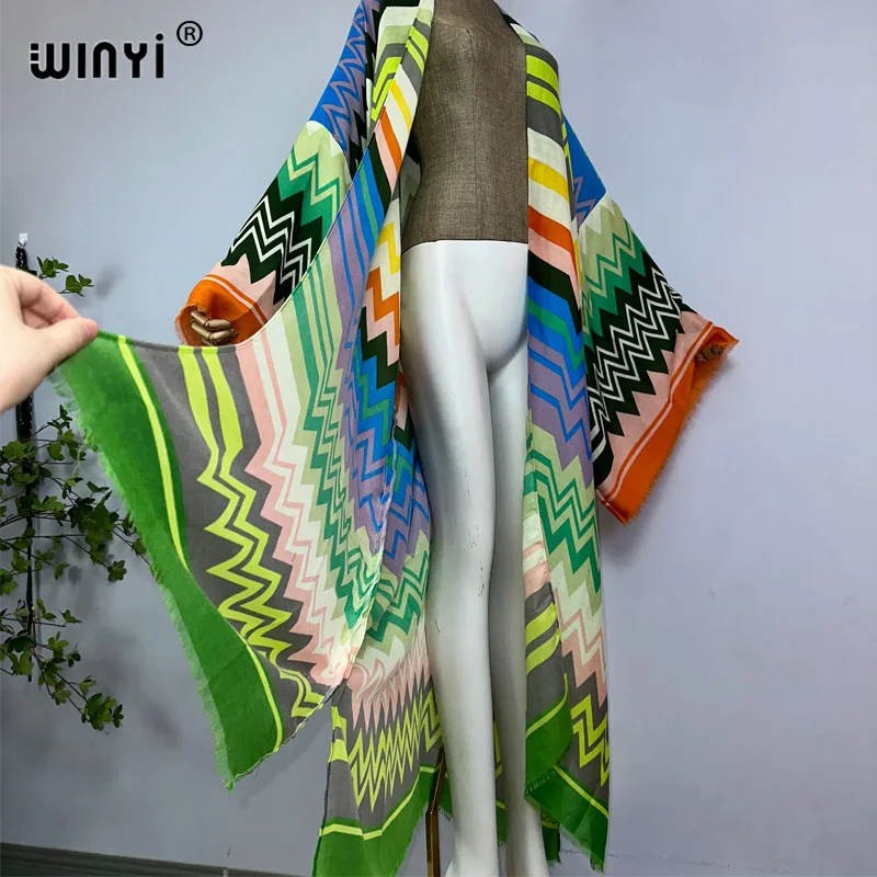 WINYI-Vestido de quimono manga comprida, Encobrimento de praia, Bikini Boho Print, Cardigan elegante, Vestido de férias sexy, Vestido de férias de verão