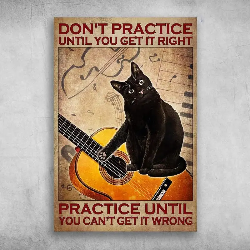 Metal Wall Decor Black Cat and The Guitar Don;t Practice Until You Get It Right Practice Until You Can;t Get It Wrong Tin Sign H