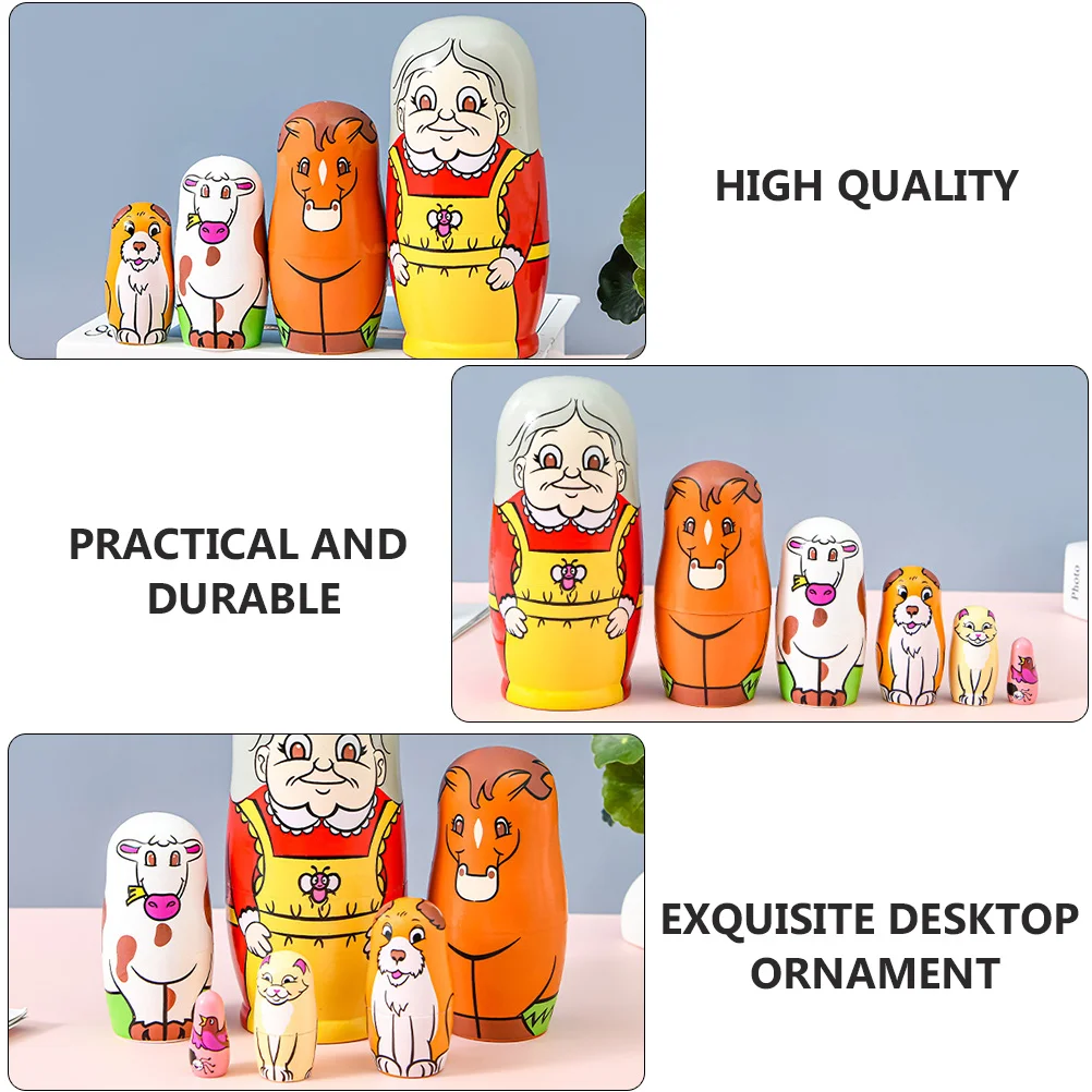 

6pcs Wooden Nesting Bright Color Durable Kids Decor Cartoon Pattern Russian Set Matryoshka Wood Craftwork Desktop Ornament
