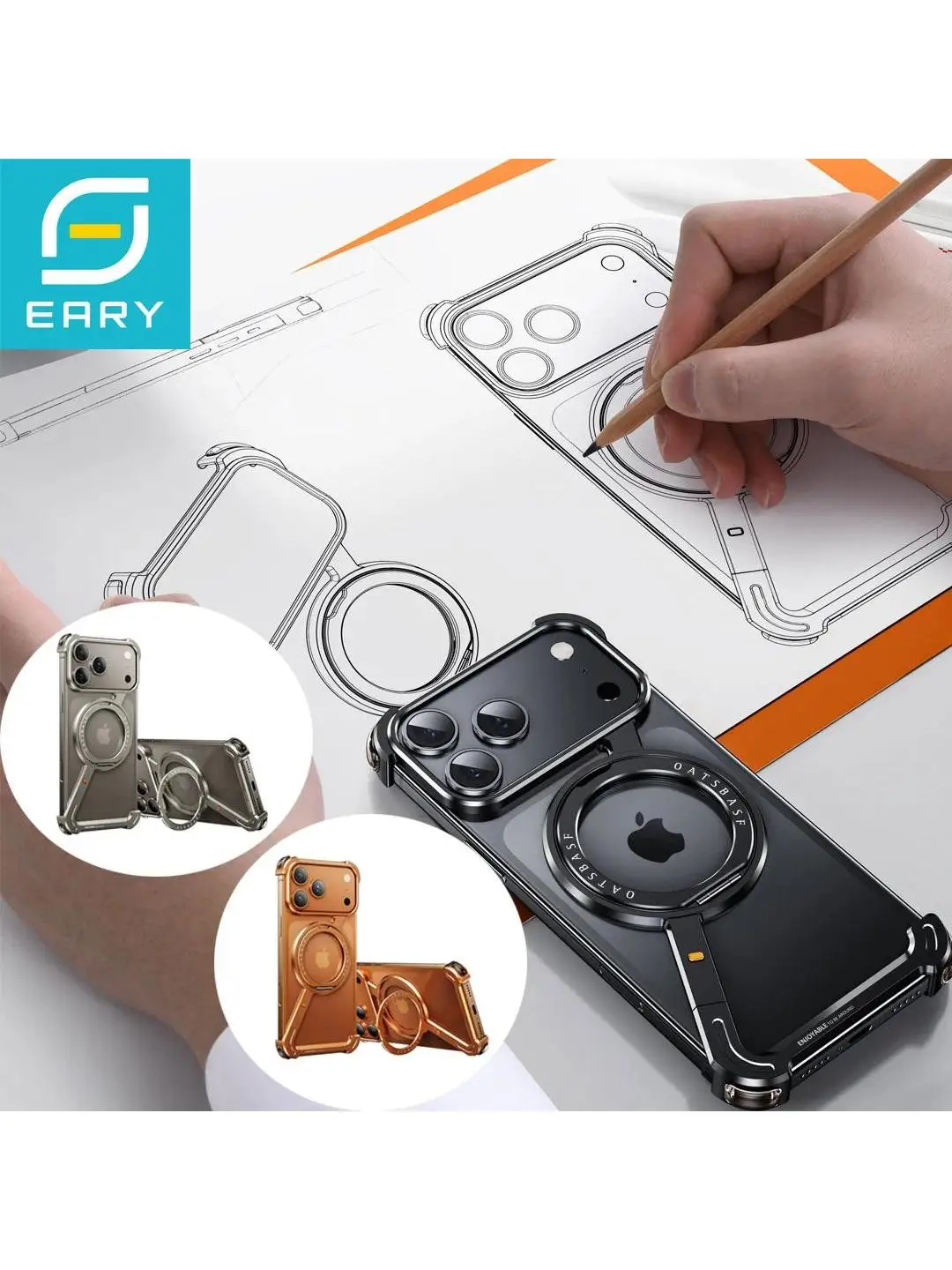 Bezramkowe etui Eary do iPhone 18 Pro Max 17 Pro Max Air Metal 360 °   Obrotowy stojak z aluminiową obudową, odporny na wstrząsy pokrowiec ochronny na telefon — zdjęcie produktu 7