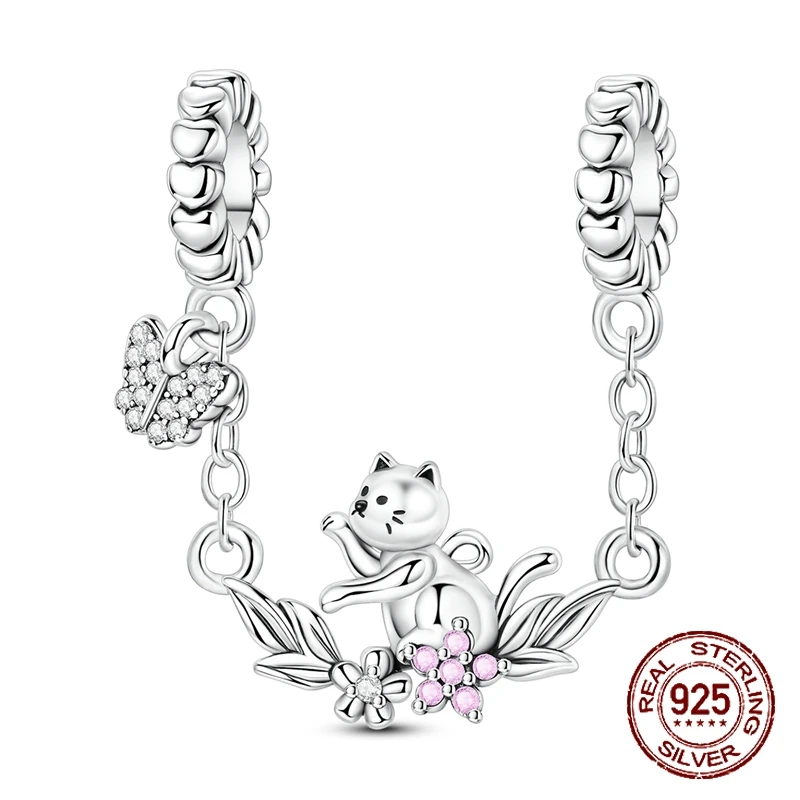 

925 Sterling Silver Novelty Cute Cat and Butterfly Pendant Fit Original Charm Bracelet Women DIY Jewelry Gift
