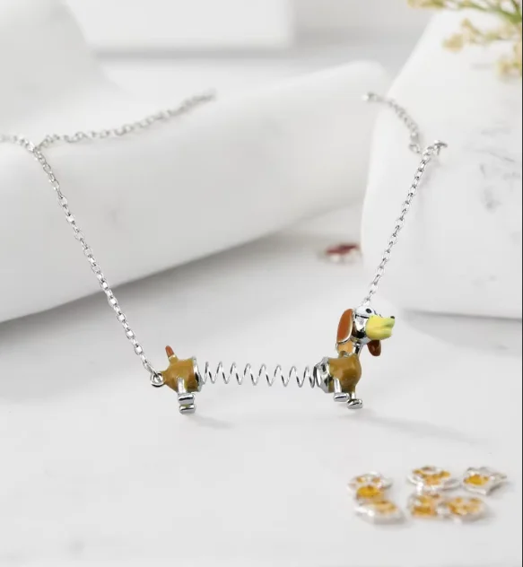Movable Spring Dachshund Dog Pendant Necklace Enamel Cartoon Long Puppy Silver Chain and Cute Pet Dog Keychain Jewelry Gift