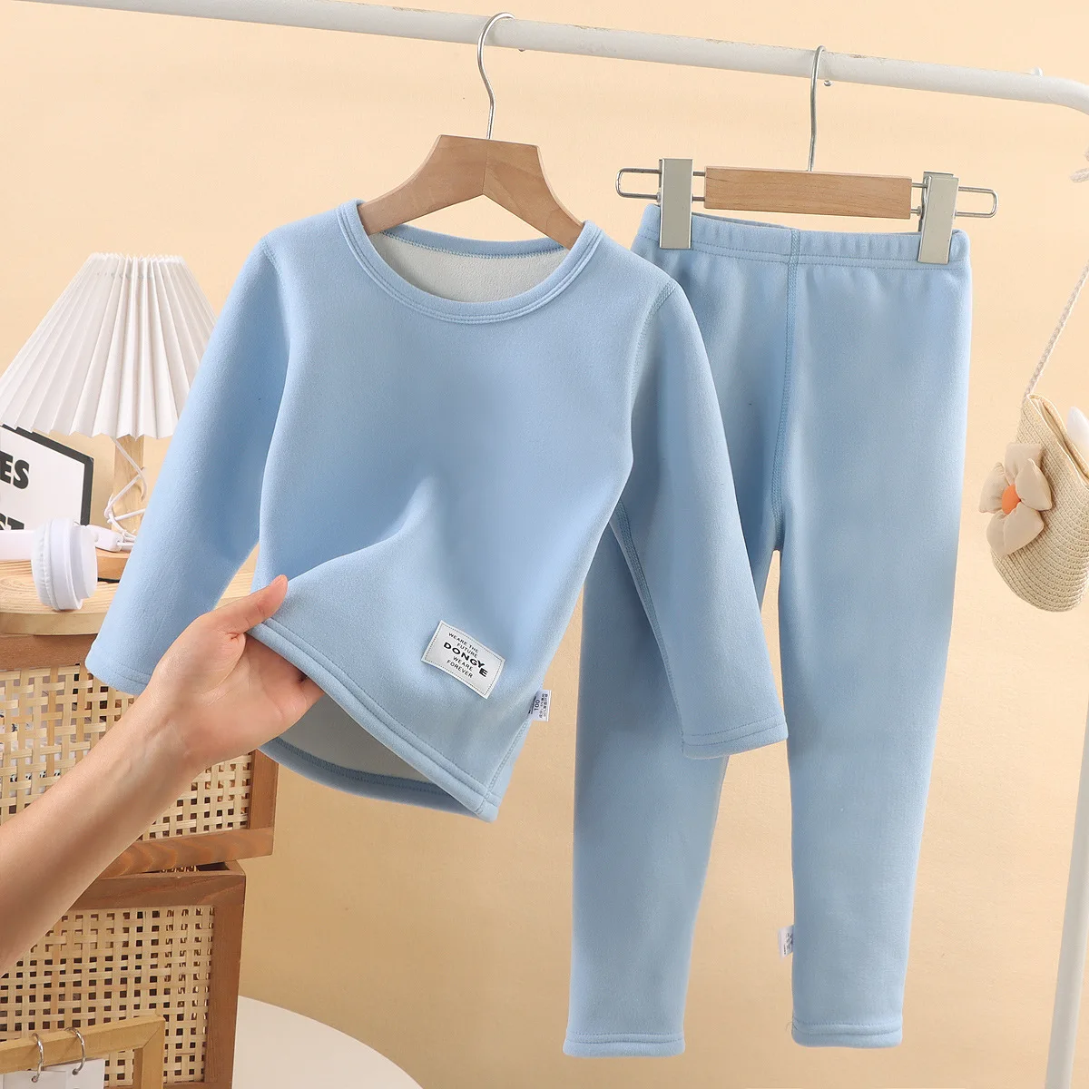 Thermal Boys Fleece Clothes Sets Winter Teenager Girls T-shirts + Pants Basic Children's Pajamas