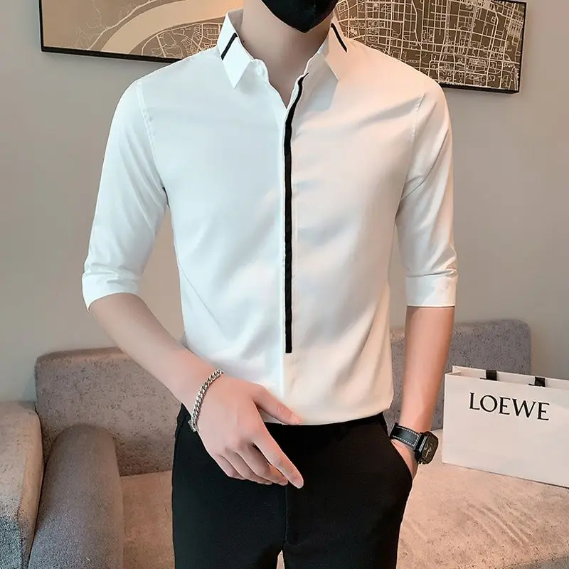 2024 New Summer Fashion Brand Personalized Pi Shuai Luxury Leisure Business Splicing Contrast Color Men\'s Half Sleeved Shirt