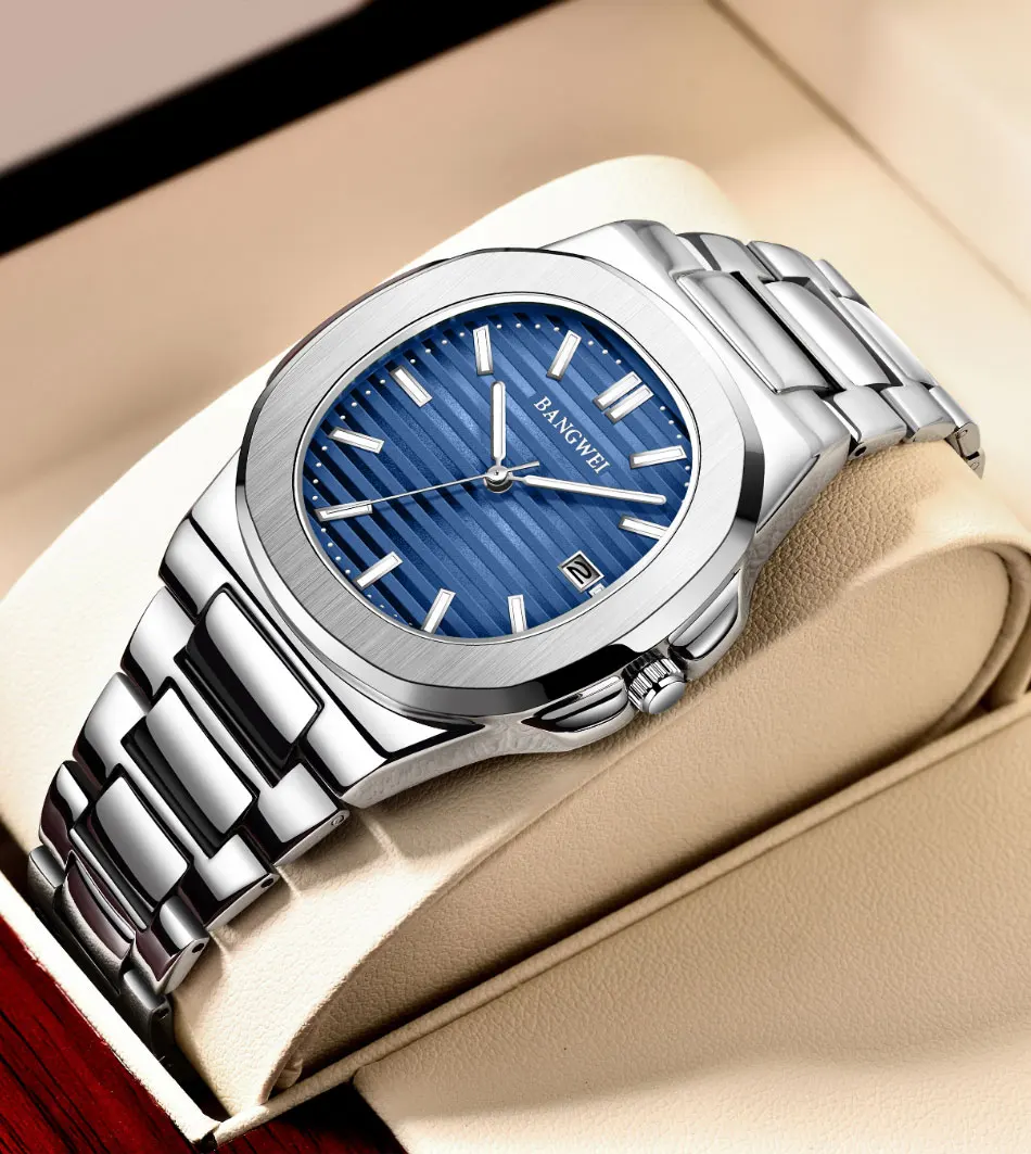 BANGWEI Modische Quadratische Quarz-Herrenuhr Wasserdicht Leuchtend mit Datumsanzeige Edelstahl-Uhren für Männer Luxuriöse Business-Herrenarmbanduhr – Detail 10