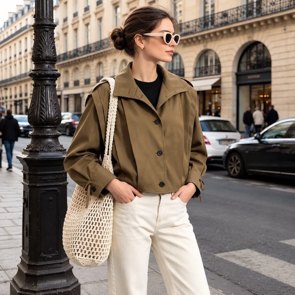 Khaki Women Cropped Trench Jacket Cropped Length Lapel Collar Casual Outerwear Strap Cuff Loose Fit Women Lapel Jacket