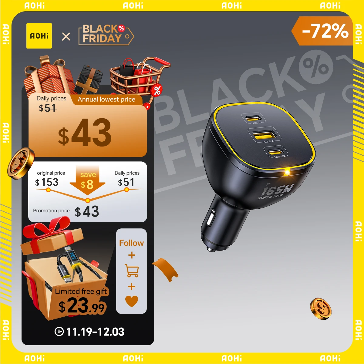 

AOHI SUPERAUTO PD 165W Fast Car Charger USB C Car Charger Adapter Compatible with iPhone 16 Galaxy S23 Ultra iPad MacBook