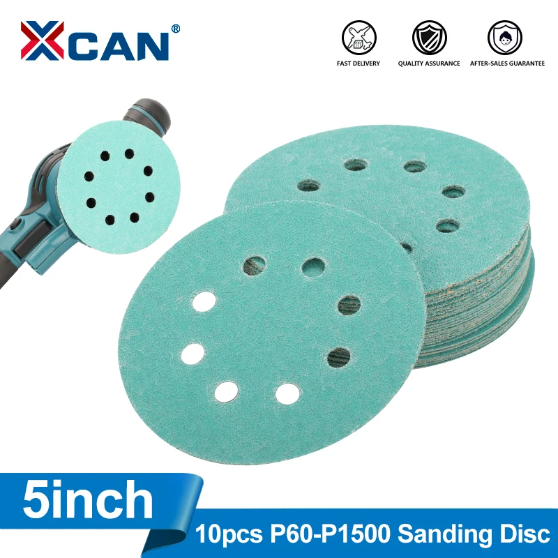 XCAN 10pcs 125mm Sanding Discs 60-1000 Grit Hook and Loop Sandpaper Pads  8 Hole Sanding Paper Abrasive Disc Polishing Tools